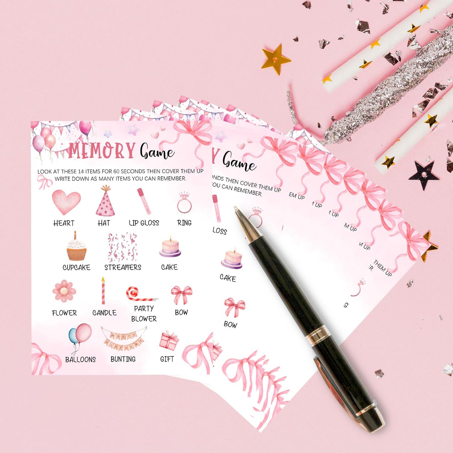 Pink Slumber Party Games Card - Coquette Pink Bow Themed Sleepover Slumber Party Supplies- Sleepover Stuff- Birthday Night Games Creative Idea -Memory Game- 20 Game Cards