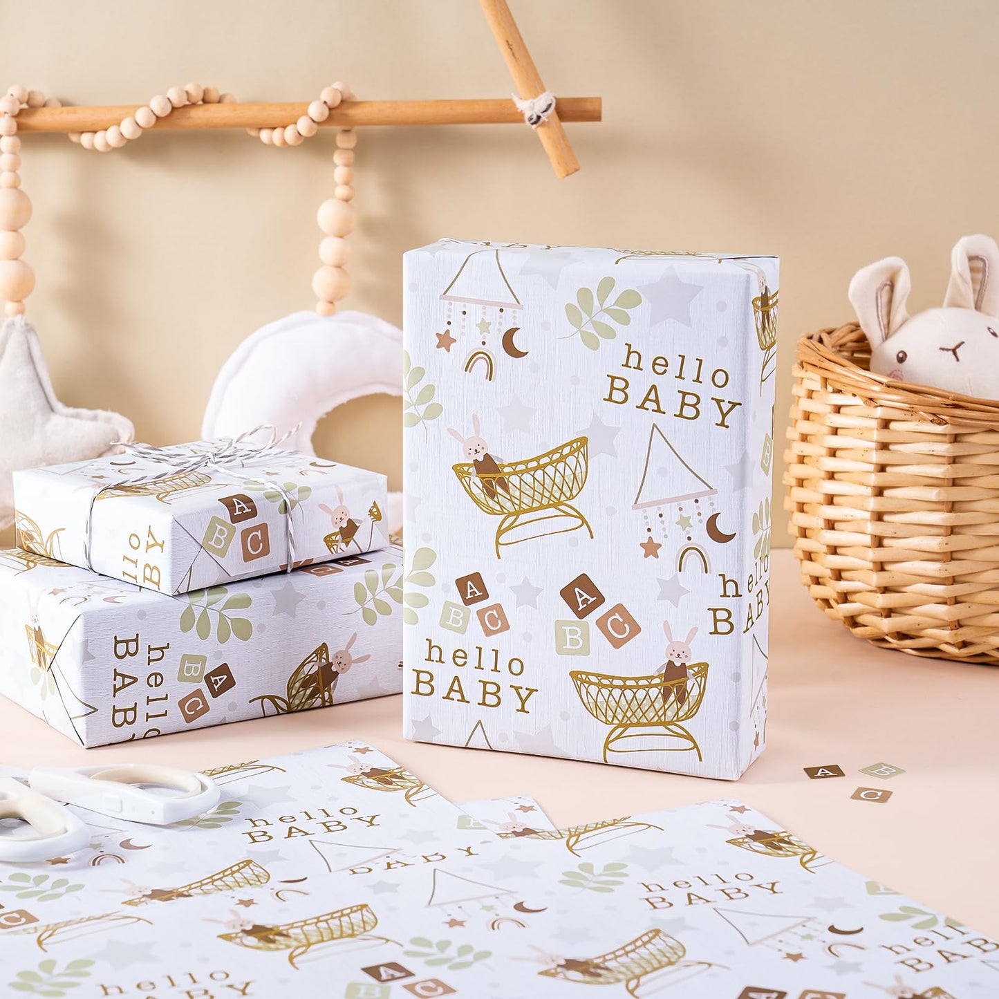 WRAPAHOLIC Jumbo Baby Shower Wrapping Paper - 30 Inch x 33 Feet - Hello Baby and Rabbit in Bassinet Design for Neutral Baby Shower, Boys Girls Kids Birthday