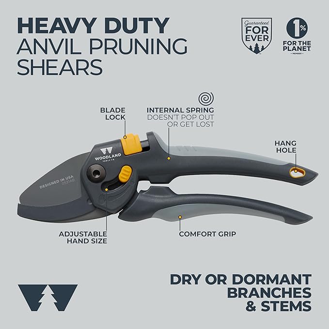 Woodland Tools Co. Heavy Duty Anvil Pruning Shears – 5/8" Cut Capacity, High Carbon Steel Blade, Internal Spring, Adjustable Grip Slider, Garden Pruner for Dry Branches, Stems, and Dead Growth
