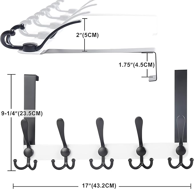 Dseap Over The Door Hook Hanger - 5 Tri Hooks, Heavy Duty Over The Door Towel Rack Coat Rack for Clothes Hat Towel, White & Black