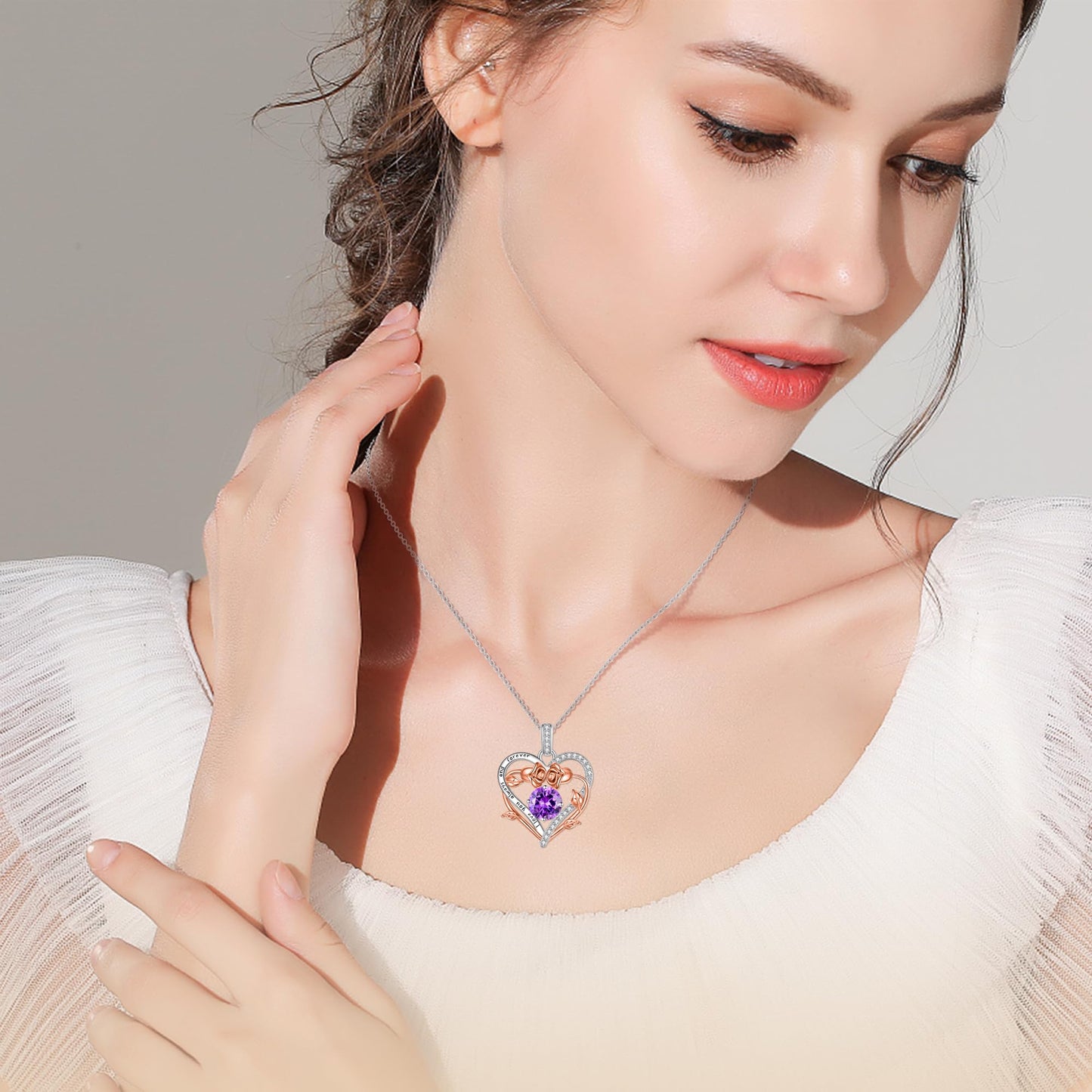Lomantise Heart Necklaces for Women, 925 Sterling Silver Rose Heart Birthstone Necklace Christmas Anniversary Birthday Jewelry Gifts for Women Wife Mom Girlfriend Her