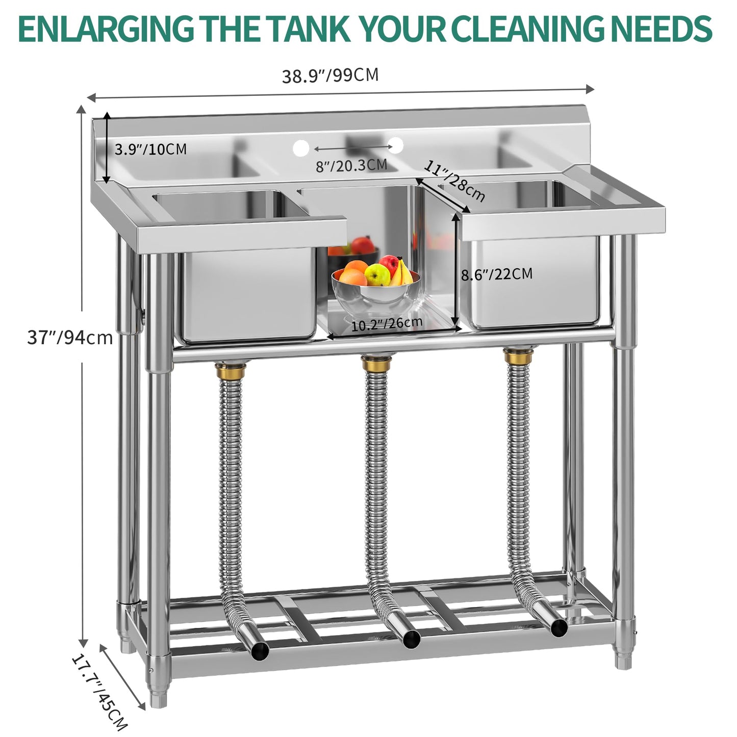 YITAHOME Freestanding Commercial Restaurant Kitchen Sink NSF Stainless Steel 3 Compartment Bowl Outdoor Sink with Storage Shelve for Restaurant, Garage (39"x 18"x 37")