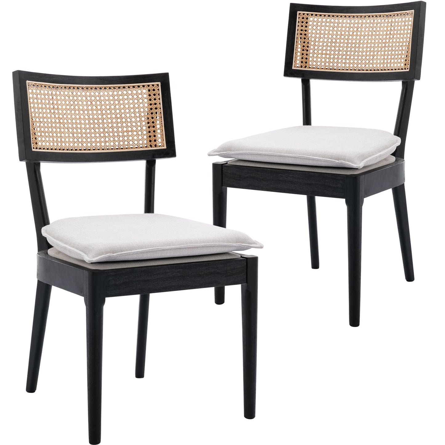ZH4YOU Black Rattan Dining Chairs Set of 2, Farmhouse Cane Back Kitchen Chairs with Removable Linen Upholstery Side Chairs with Wood Legs for Dining Room/Restaurant