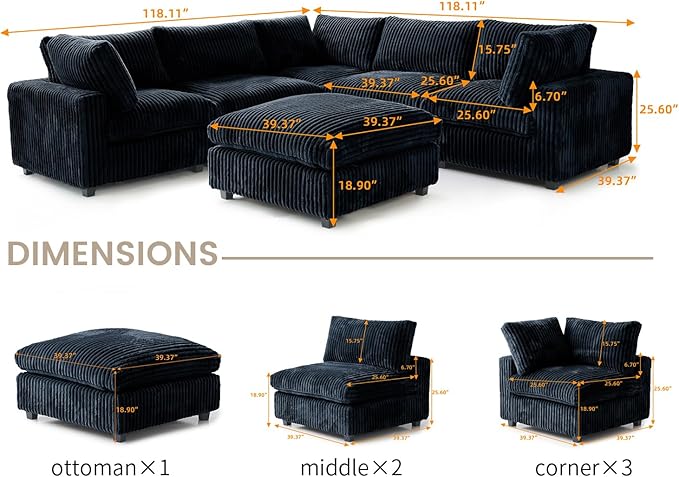 WJShome Cloud Couch Modular Sectional Sofa,118" Oversized V Shaped Sofa with Storage Ottoman for Living Room,Plush 6 Seater Convertible Sectional Couch,Covers Washable&Replaceable,Black