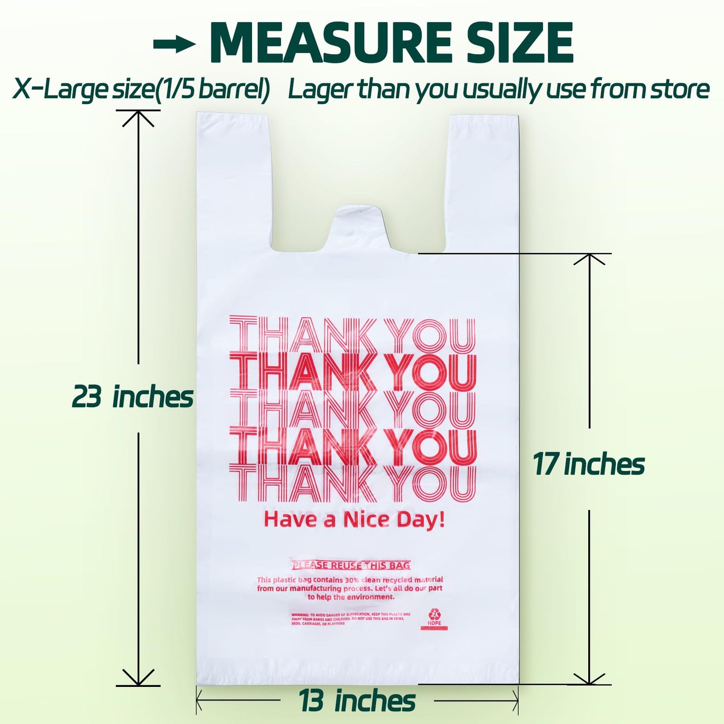 YovhVon Extra Large (13" x 8" x 23") X-Large Size up, 100 Count Plastic Bags with Handles, T-Shirt Bags, Thank You bags, Shopping Bag, Grocery bag, White, 1/5 Barrel, Plastic Bag, for Small Business