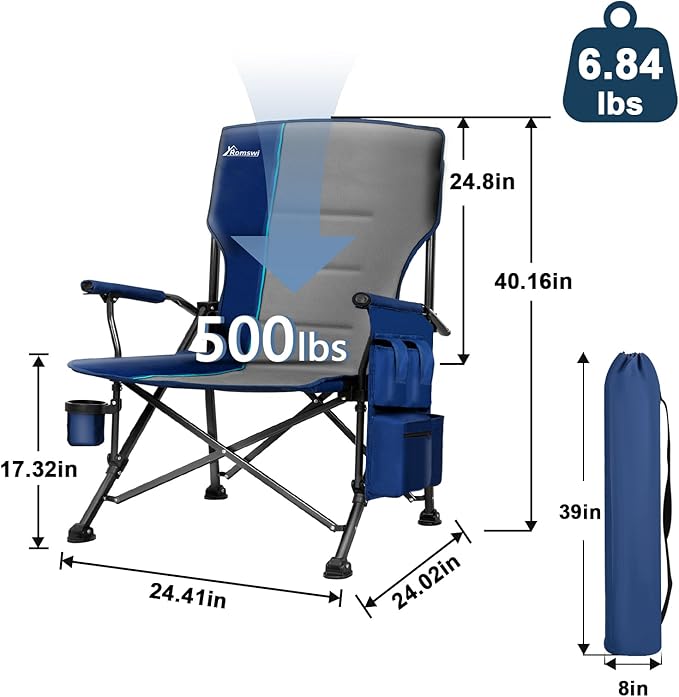 Romswi Oversized Camping Chairs 2 Pack with Hard Armrest Chair,Heavy Duty Supports 500LBS,Folding Chairs with Cup Holder for Outdoor,Beach,Garden,Fishing