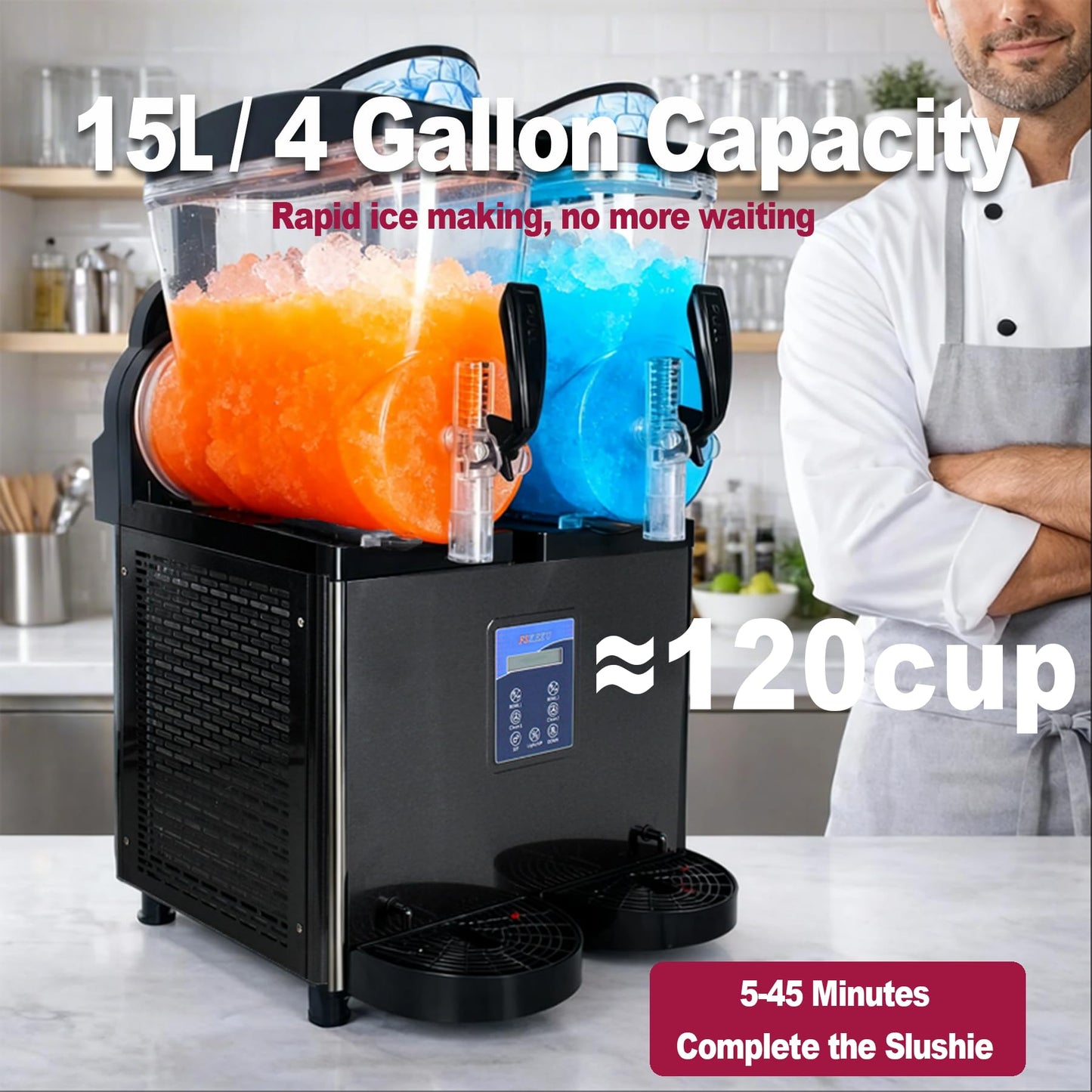 Commercial Slushie Machine 8gal/30L (15L x 2 Tanks), Slushy Machine Margarita Frozen Drink Cocktail Maker for Restaurants, Bars, Cafes, Food Truck