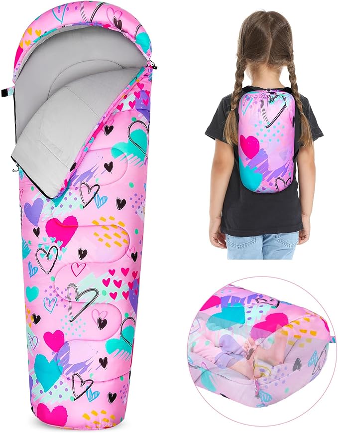 FIOBEE Kids Sleeping Bag for Girls Boys 3 Season Warm & Cool Weather Youth Camping Sleeping Bags with Backpacking Bag Wate...