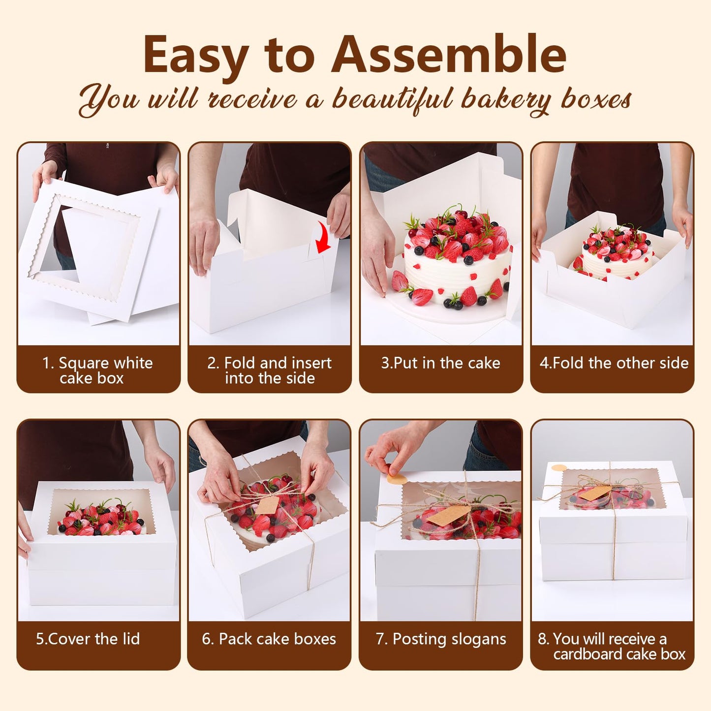 NEOACT 12x12x6 Bulk 4 Pcs Cake Boxes 12 Inch Square Cake Boxes with Window, Cake Containers with Lids, Disposable Bakery Boxes for Valentine's Day,Easter, Mother's Day, Cookies, Large Pastries