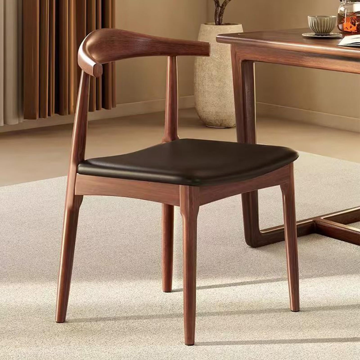 Ytaoka Solid Wood Dining Chairs Set of 2, Mid Century Dining Chairs, Upholstered PU Leather Chairs with Wide Curved Backrest, Chairs for Dining Room, Kitchen, Walnut Finish