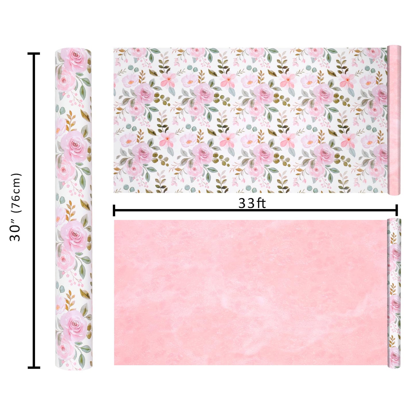 BIOBROWN Reversible Floral Wrapping Paper Roll - 30 Inches X 33 Feet (82.5 sq. ft. ttl.) Pink Watercolor Roses Design Flower Gift Wrap for Wedding, Bridal Shower, Mother's Day