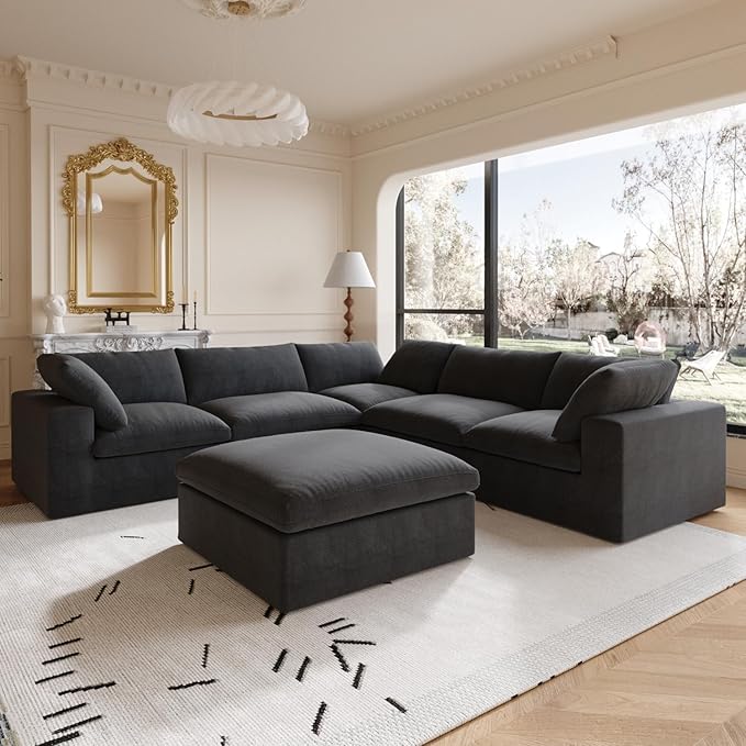 160.6'' Cloud Modular Sectional Sofa,Down Filled Comfort V Shaped Sofa Couch for Living Room,Minimalist Wide Deep Seat Convertible Couches for Office Apartment,4 Seater & 1 Corner+1 Ottoman (Black)