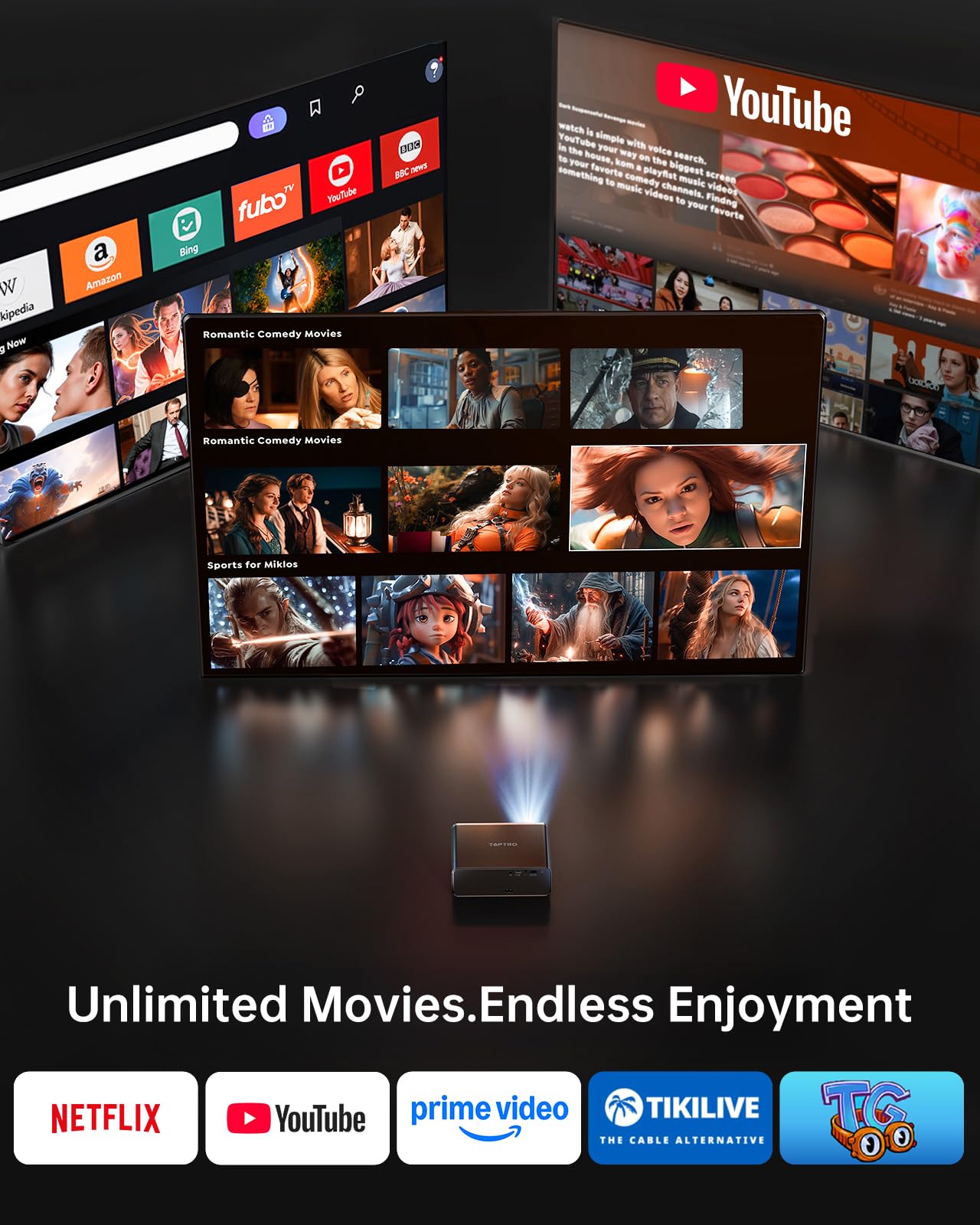 Smart Projector【Compatible with Netflix】4K Projector with WiFi 6 and 2-Way Bluetooth, AI Auto Focus & Keystone, 20W Dolby Audio,Built-in Apps,TOPTRO A1 Portable Proyector for Outdoor / Home Movie