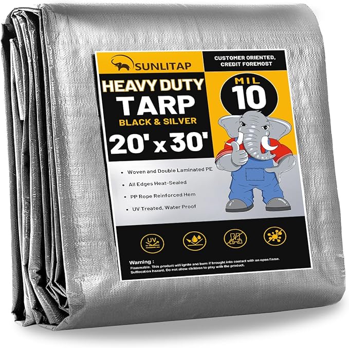 SUNLITAP 10 Mil Heavy Duty Waterproof Tarps, 20x30 Ft Finished Size Tarps, Premium Tarp with Metal Grommets & Reinforced E...