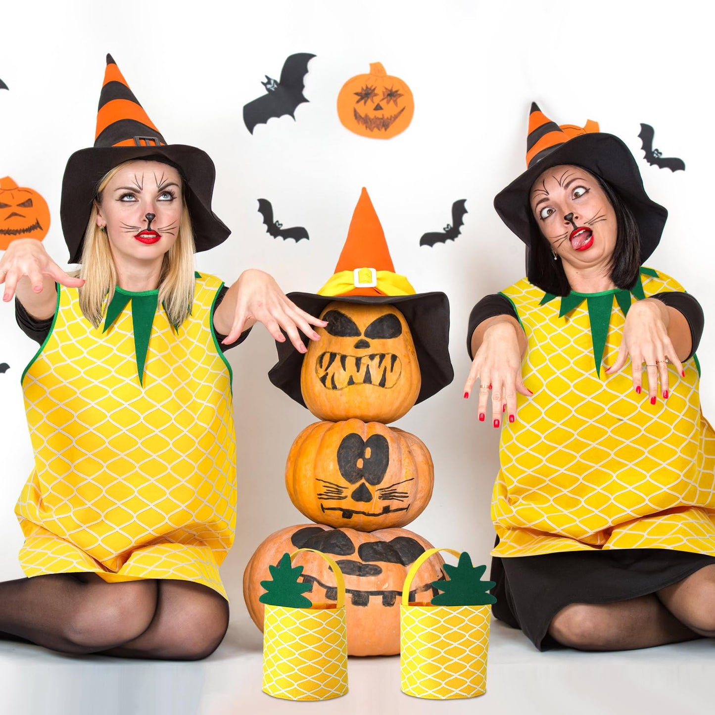 Suhine 3 Pcs Halloween Pineapple Costume Pineapple Poncho Outfits Costume for Women with Hat Hand Bag Funny Fruit Costume for Halloween Cosplay Dress up Party