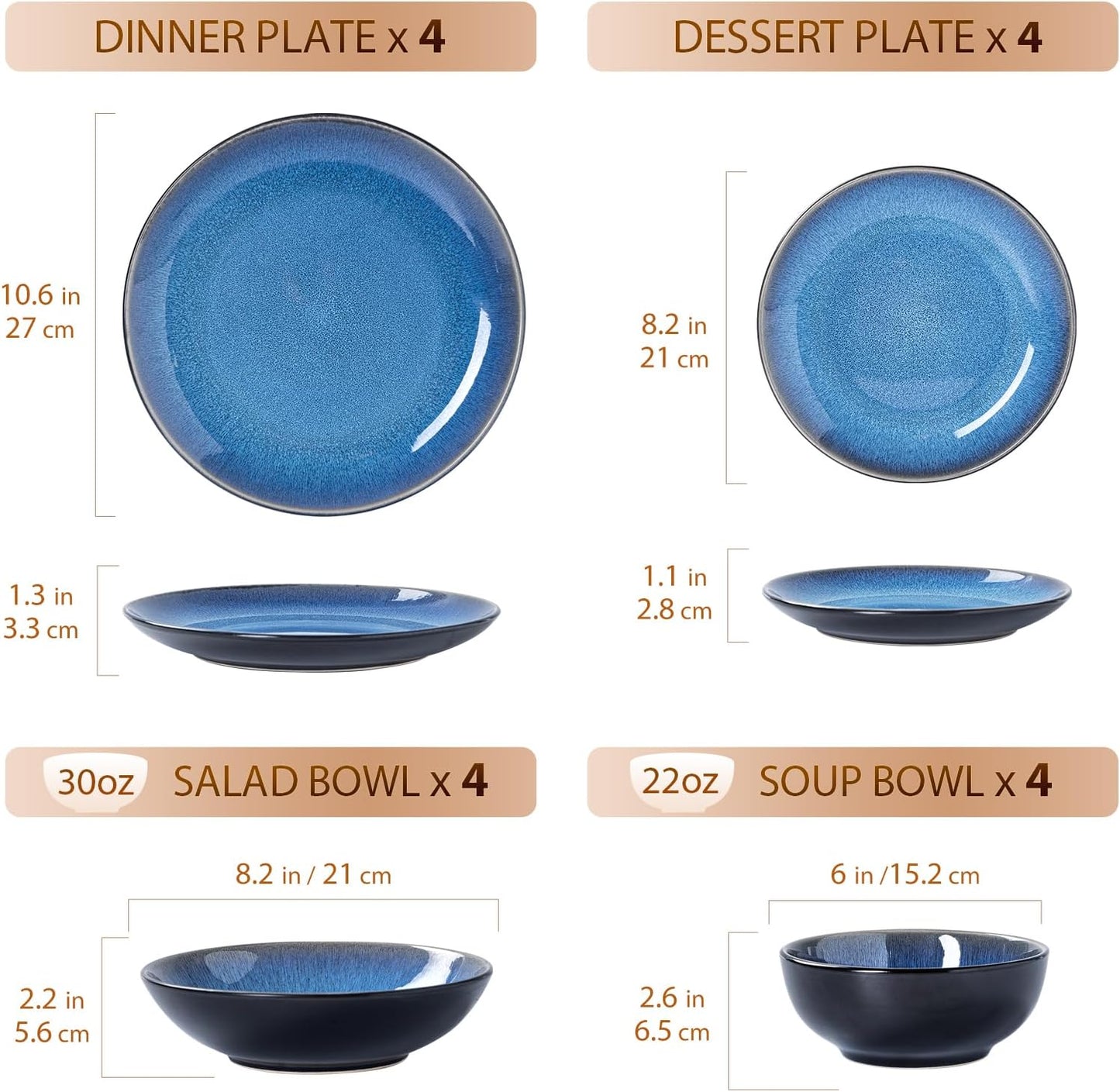 Plates and Bowls Sets for 4 - CJDC-QUELO 16-Piece Stoneware Dinnerware Sets, Ceramic Dishware Set for Kitchen Use and Formal Dining, Chip and Scratch Resistant Microwave Dishwasher Safe, Blue