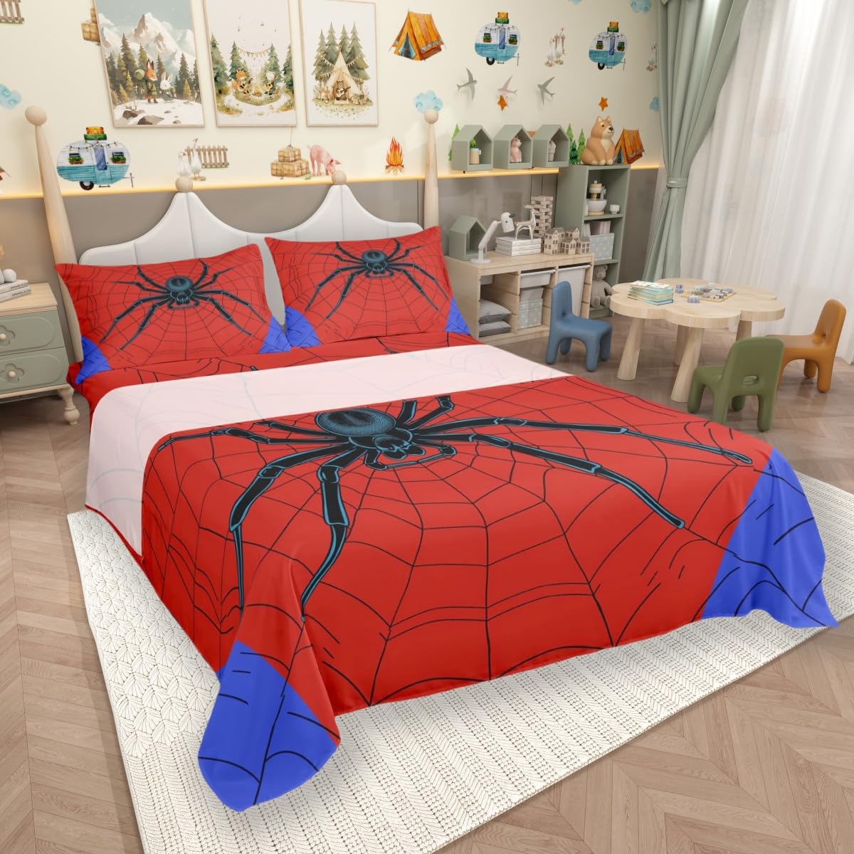 Spider Web Kids Sheet Queen Size,Black Spider Arachnid Insect Animals Bedding Set,Boys Girls Women Men Room Decor,Happy Halloween Red Blue Fashion Bed Sheet Set 4pcs(Fitted + Flat + 2 Pillowcases)