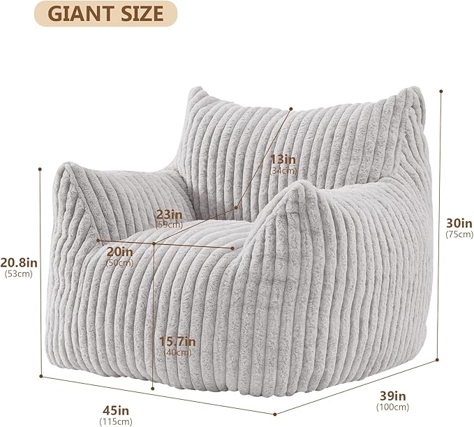 Achicsofar Giant Bean Bag Chairs for Adults Teens, Large Bean Bag Sofa Chairs with Filling Comfy Fuzzy BeanBag Chair with Armrests for Bedroom Living Room Reading (Light Gray, Large)