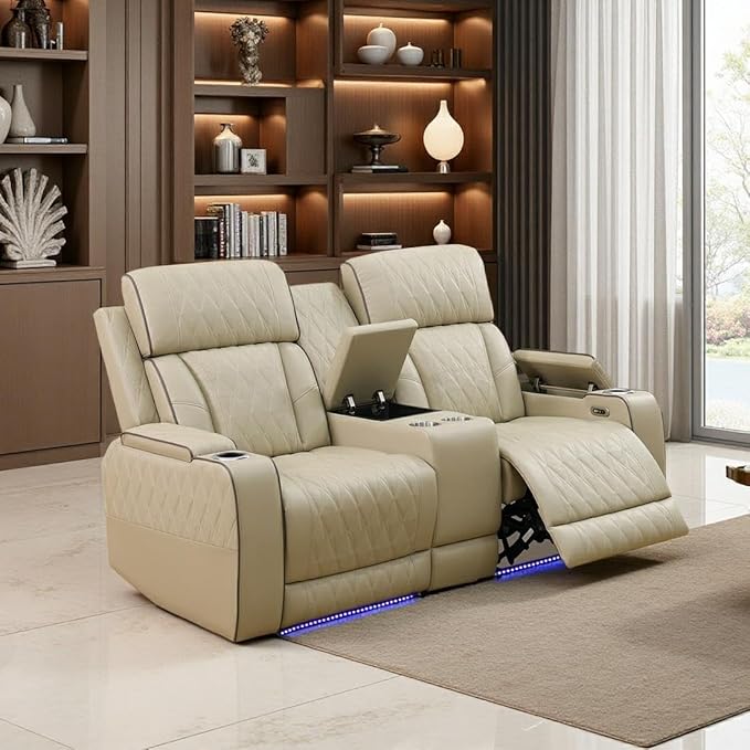 Toseslo Power Recliner Loveseat Set, Beige Leather Reclining Sofa Sectional Couch, 2 Seater Reclining Couches, Living Room Furniture Sets, Reclining Sofa with Cup Holders/Storage Console for House