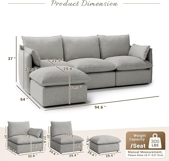 Forest aesthetics 94.5" L Shape Cloud Modular Sectional,4 Seater Waterproof High Backrest Sectional Sofas,Down Filled Modular Couch with Removable Washable Cover for Living Room,Light Gray