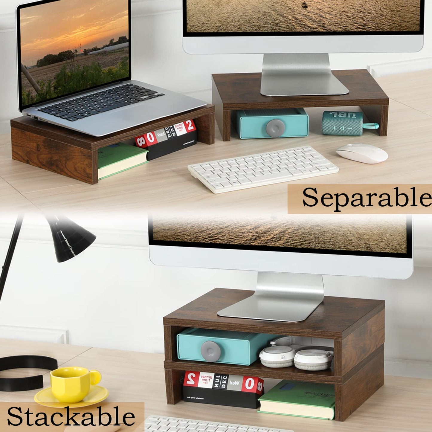 TEAMIX Monitor Riser - 2 Pack, Rustic Brown Wood Adjustable Stand for 2 Monitors/Laptop/PC