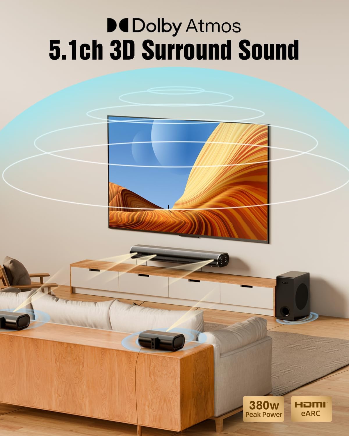Hiwill Dolby Atmos Sound bar 5.1ch Sound bar for Smart TV with Soundbar, 3D Surround Sound System for TV Speakers, Wired subwoofer, BT 5.3, 4K HDR Pass-Through, HDMI in/eARC A51