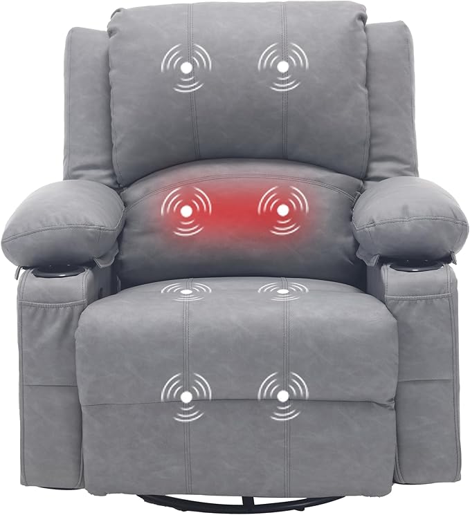 Comermax Massage Recliner Chair with Heat, 360° Swivel Rocker Recliner Chair with Cup Holders, 150° Recline PU Leather Recliner for Living Room,Grey