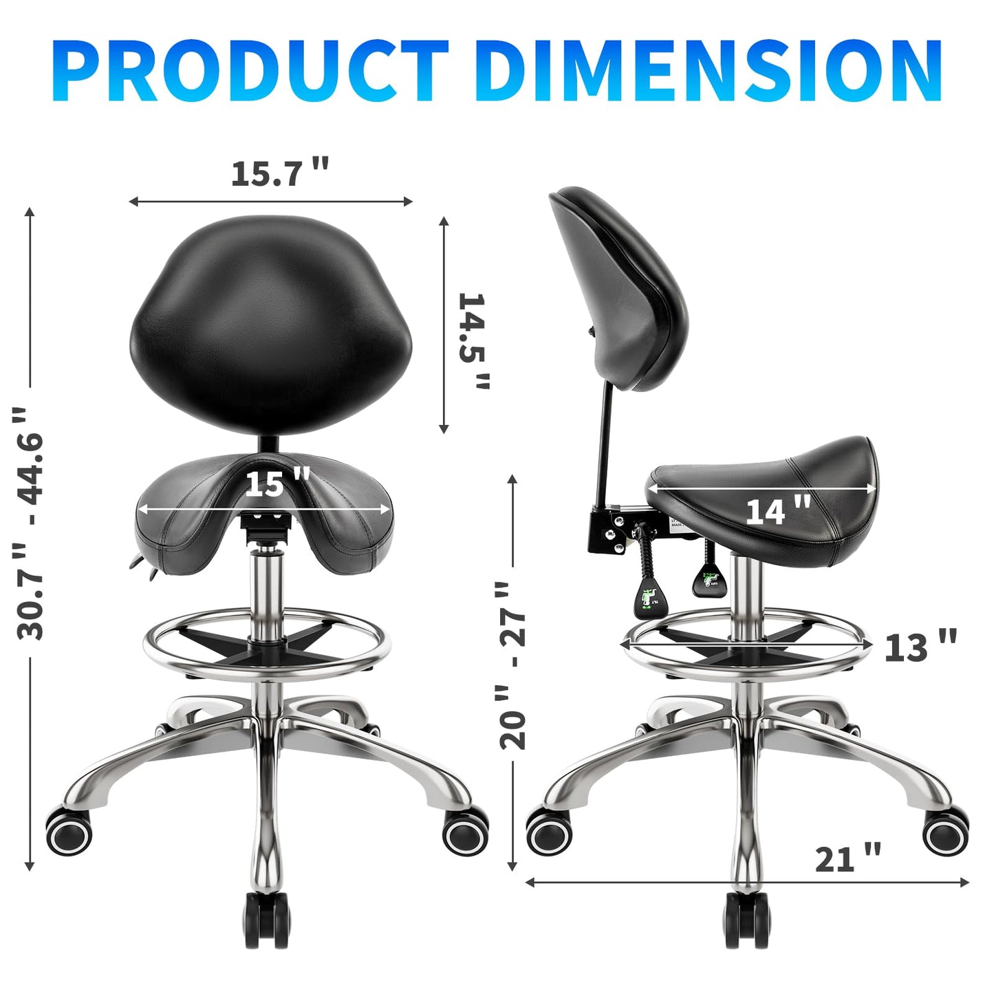 Saddle Chair with Back Support - Adjustable Height with Foot Rest，350 LBS Capacity Ergonomic，360° Swivel Drafting Chair for Salon，Spa，Massage，Tattoo，Facial lash，Home, Dentist Clinic (Black)