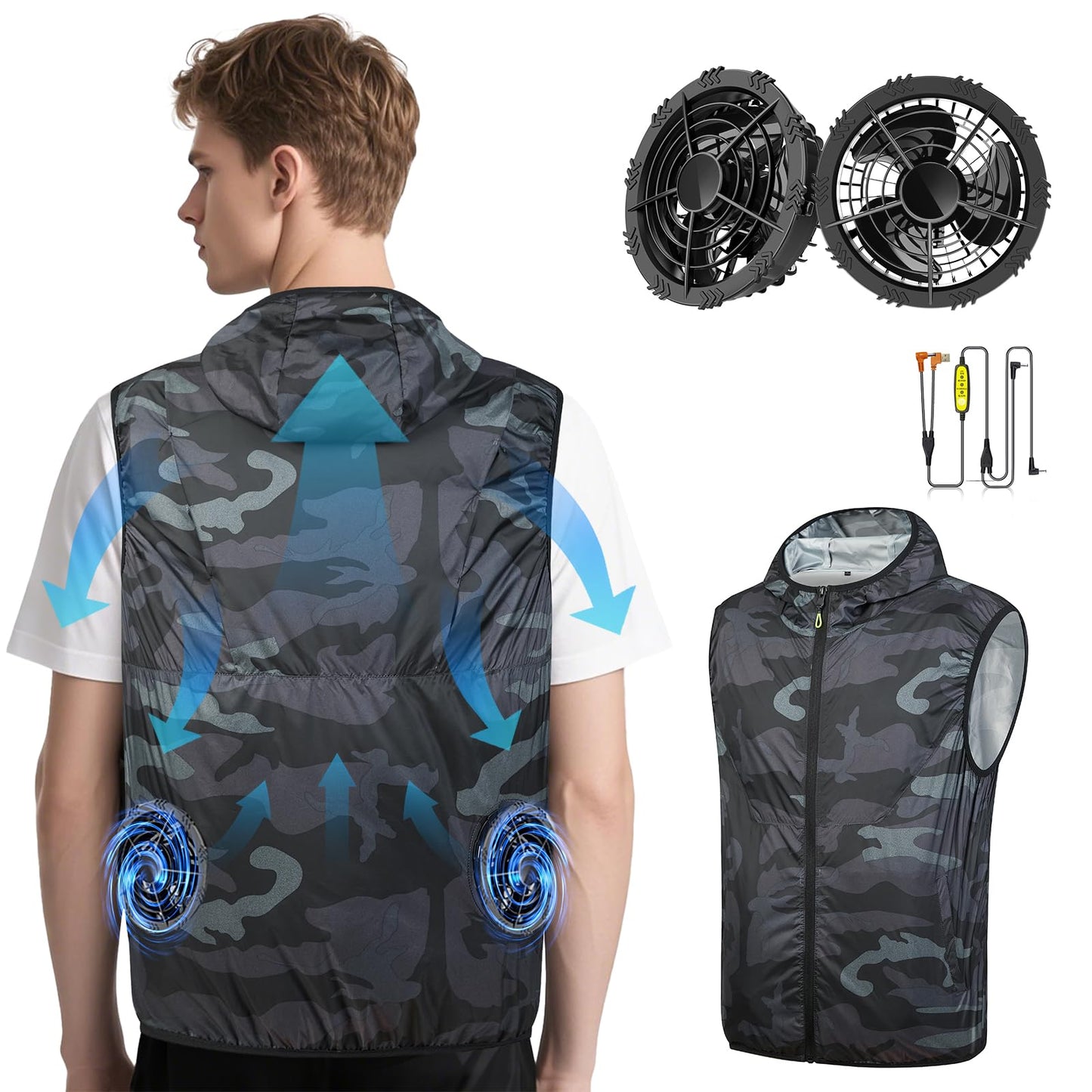 Cooling Vest With 12V 2Pcs Fan Electric Cooling Air Jacket With Hat Uv Protection Air Conditioned Clothes Jacket For Hot Weather
