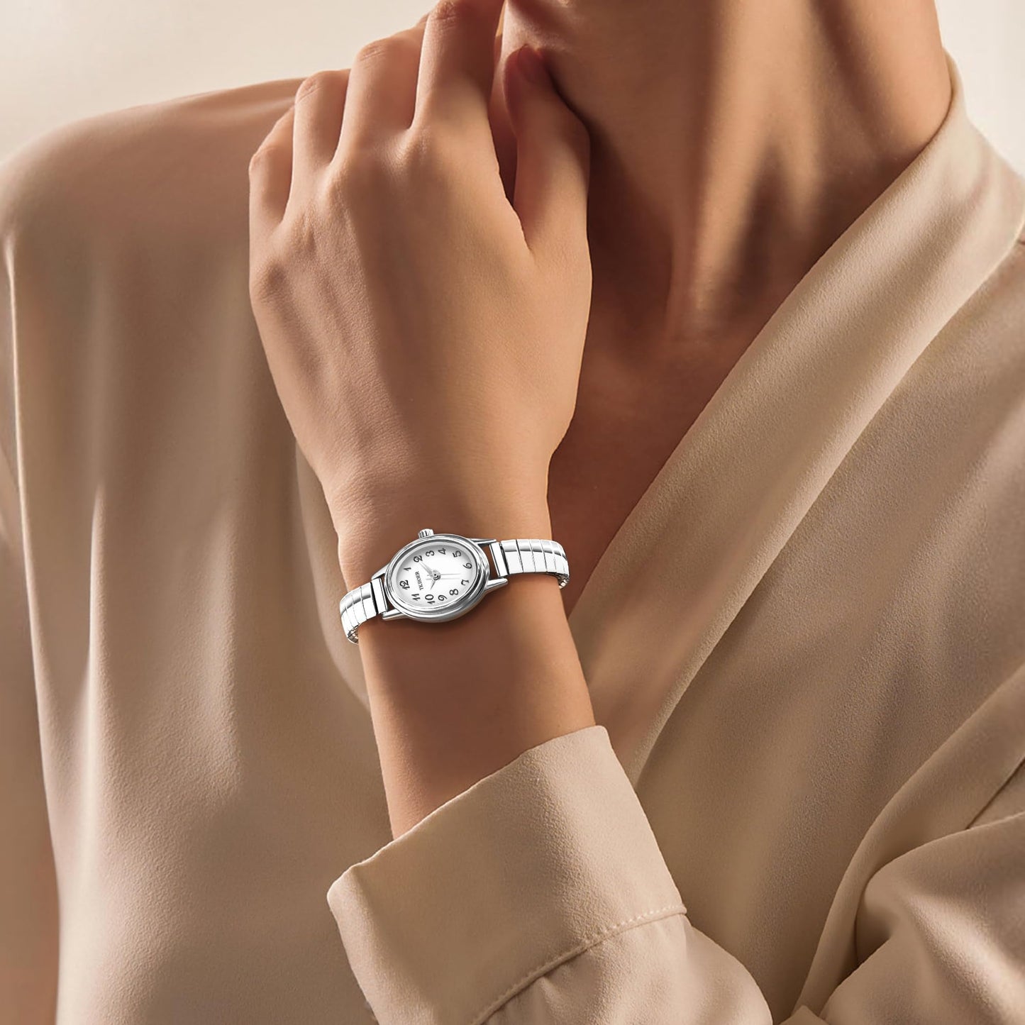 TKIIOER Small Silver Watches for Women, Easy to Read Ladies Analog Watch, 30M Waterproof, Luminous Dial, Stainless Steel Expansion Strap (Silver White)