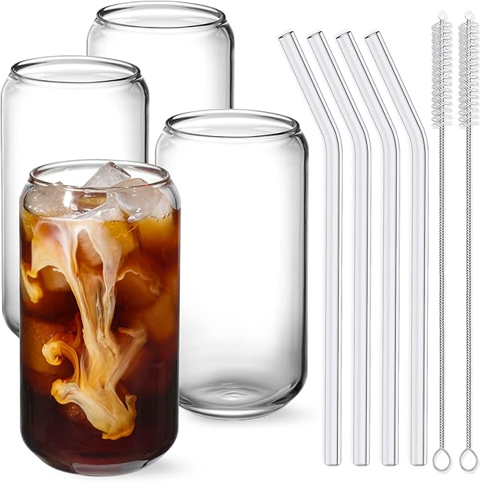 NETANY Drinking Glasses with Glass Straw 4pcs Set - 16oz Highball Glass Cups, Beer Glasses, Iced Coffee Glasses, Cute Tumb...