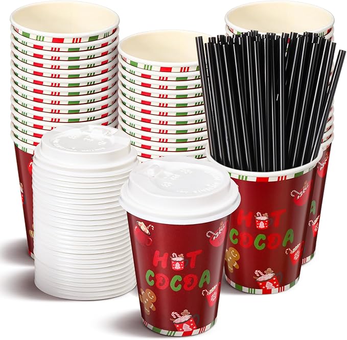 Jingmore 50 Set Christmas Hot Cocoa Paper Cups 12 oz Christmas Disposable Coffee Cups with Lids Straw Holiday Cup Bulk for...