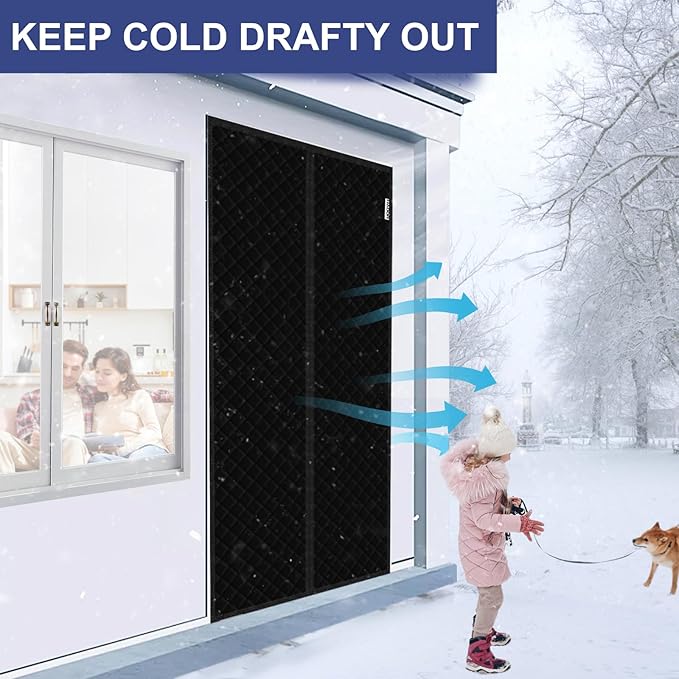 Magnetic Thermal Insulated Door Curtain Fit Door Size 32" x 80", Quilted Oxford Fabric Thicken Cotton Fill, Winter Door Cover Keep Cold Draft Out, Blanket Insulation for Front Patio Doors Black