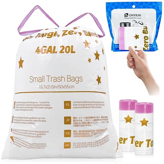 OKKEAI 4 Gallon Small Trash Bag Drawstring. 60 Count White Heavy Duty Trash Bags Tear & Leak-Proof Wastebasket Liners with Safety Warning for Bathroom, Kitchen, Bedroom, Office