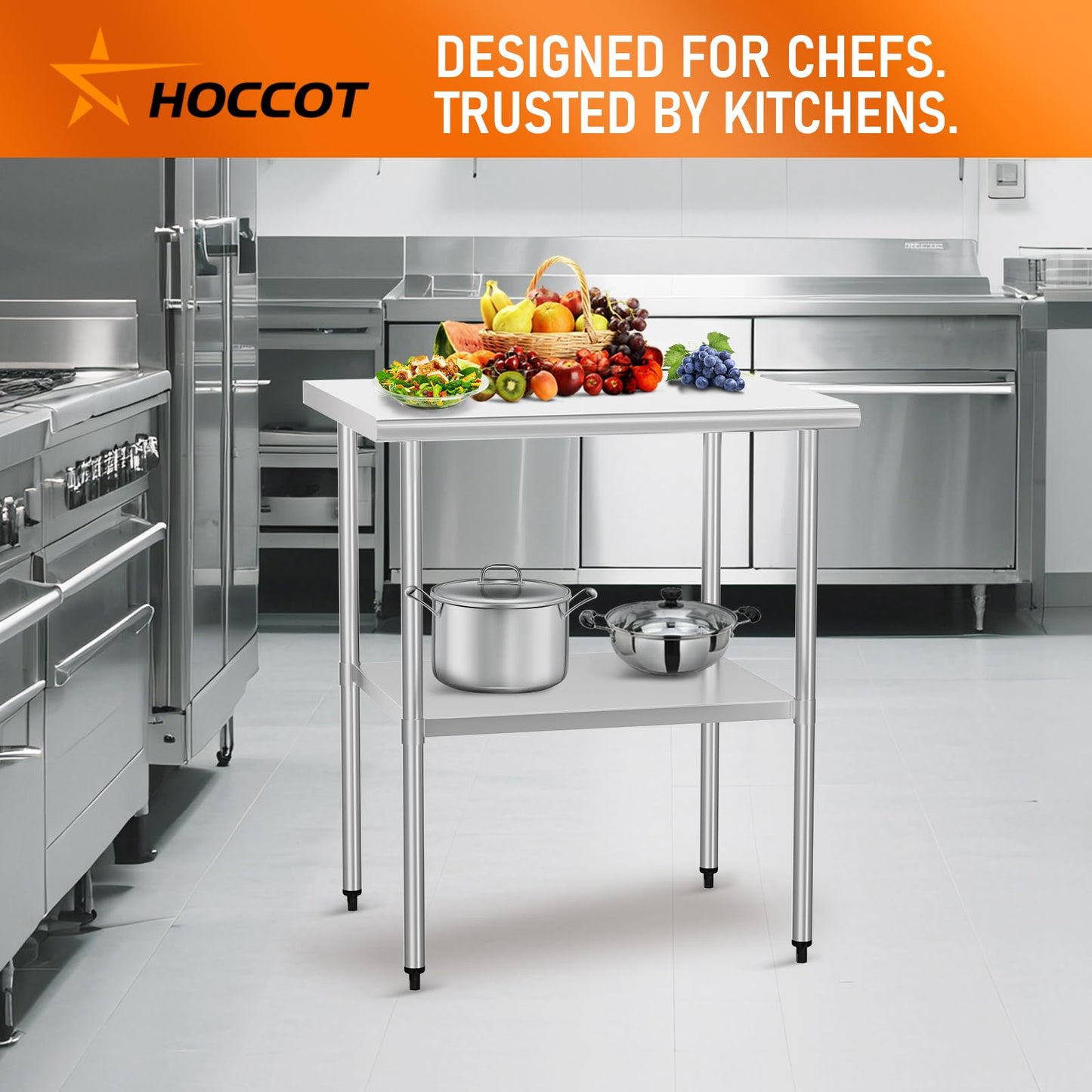 HOCCOT Stainless Steel Table for Food Prep & Work 24 x 30 inches Utility Table with Adjustable Undershelf, Commercial Workstation in Kitchen, Garage, Laundry, Outdoor BBQ