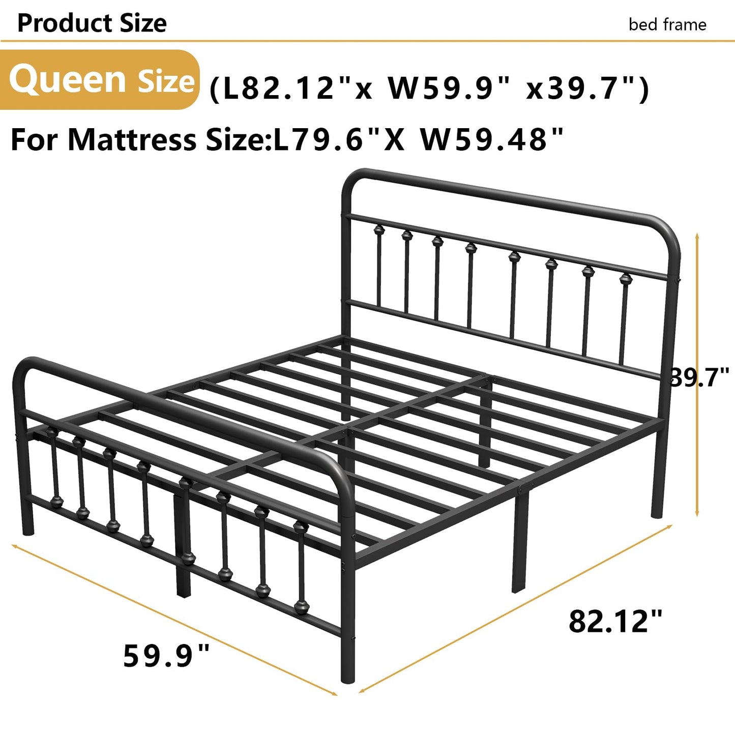 Vengarus Metal Bed Frame,Queen Size Bed Frame with Headboard,Structurally Stable, Heavy Duty Steel Slat Supported,Under Bed Storage,No Box Spring Needed,14 Inch,Black