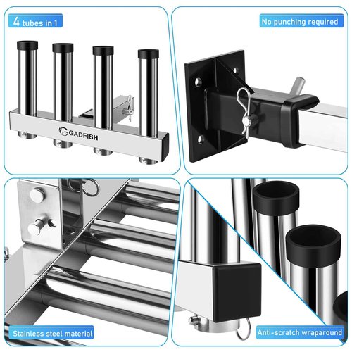 Stainless Steel Hitch Fishing Rod Holder, GADFISH Hitch Mount Rod Holder, 4 Link Tube for 2" Hitch Receivers with Quick Release Pin,Truck Adjustment Fishing Rod Rack, Fishing Pole Holder