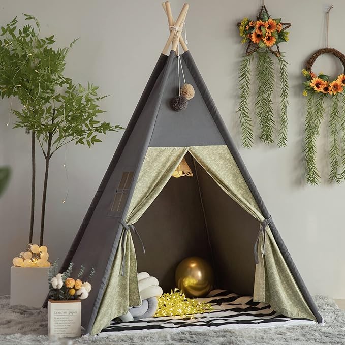 TreeBud Teepee Tent for Kids Stripe Padded Mat Foldable Dark Tone Grey Play Tents for Girl and Boy with Carry Case Wooden ...