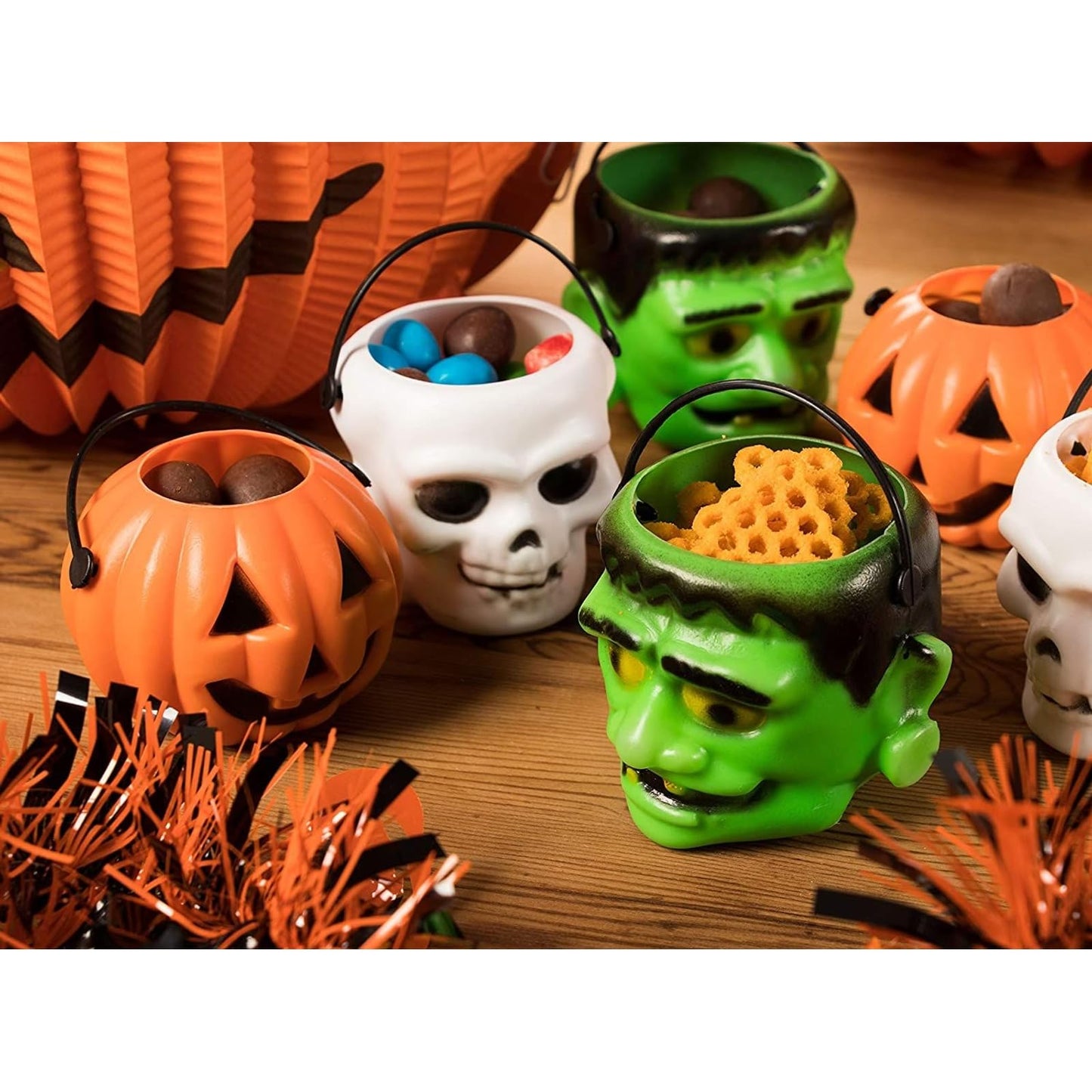 BLUE PANDA 24 Pack Mini Halloween Candy Buckets with Jack-O-Lantern, Skull & Frankenstein Designs for Kids' Trick-or-Treat Loot Bags, Goodies and Favors - Halloween Bucket