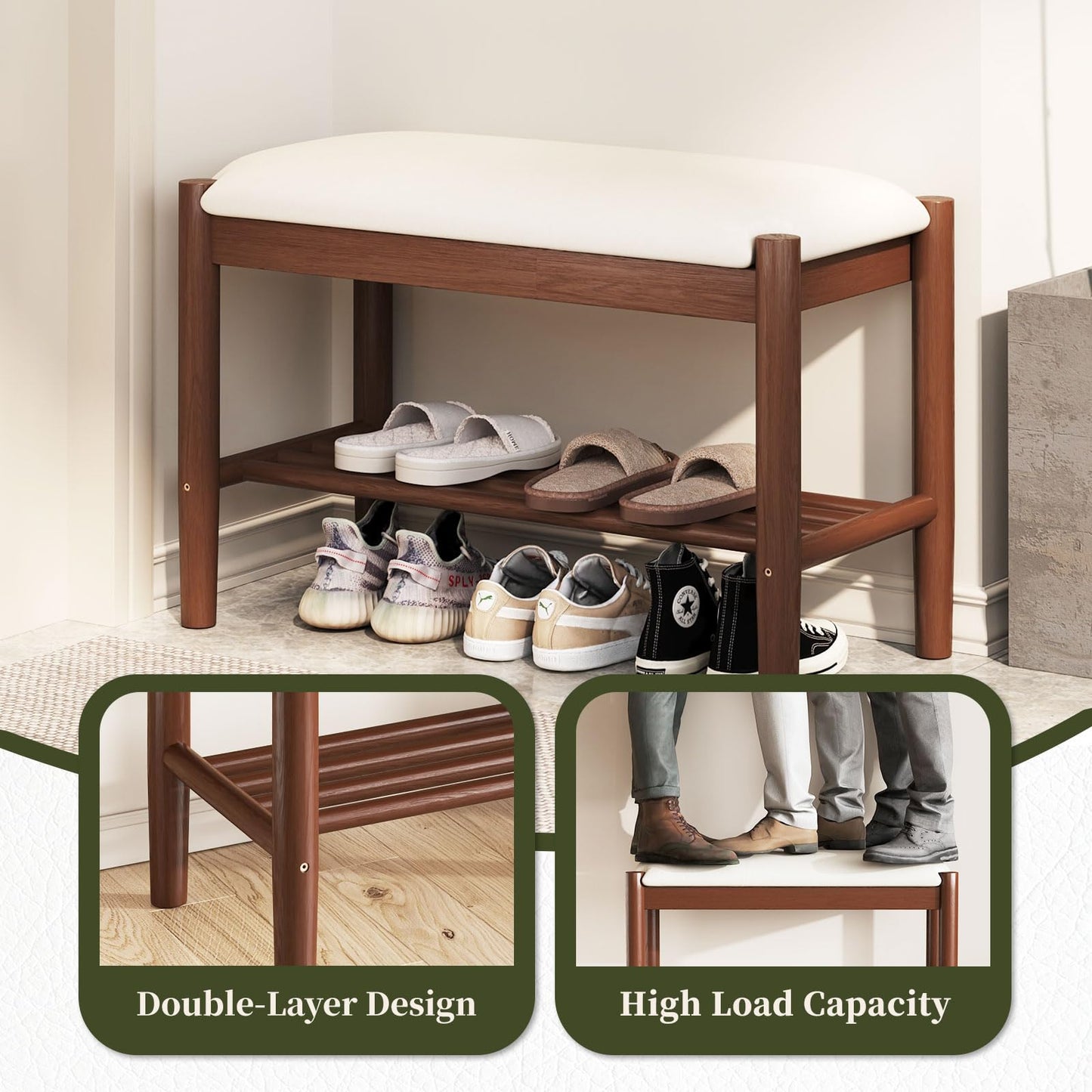 Buzleer Solid Wood Shoe Bench with Cushion, 2-Tier Shoe Rack for Front Door Entrance, Enterway Benches with Shoe Storage (Walnut, 31.5in)