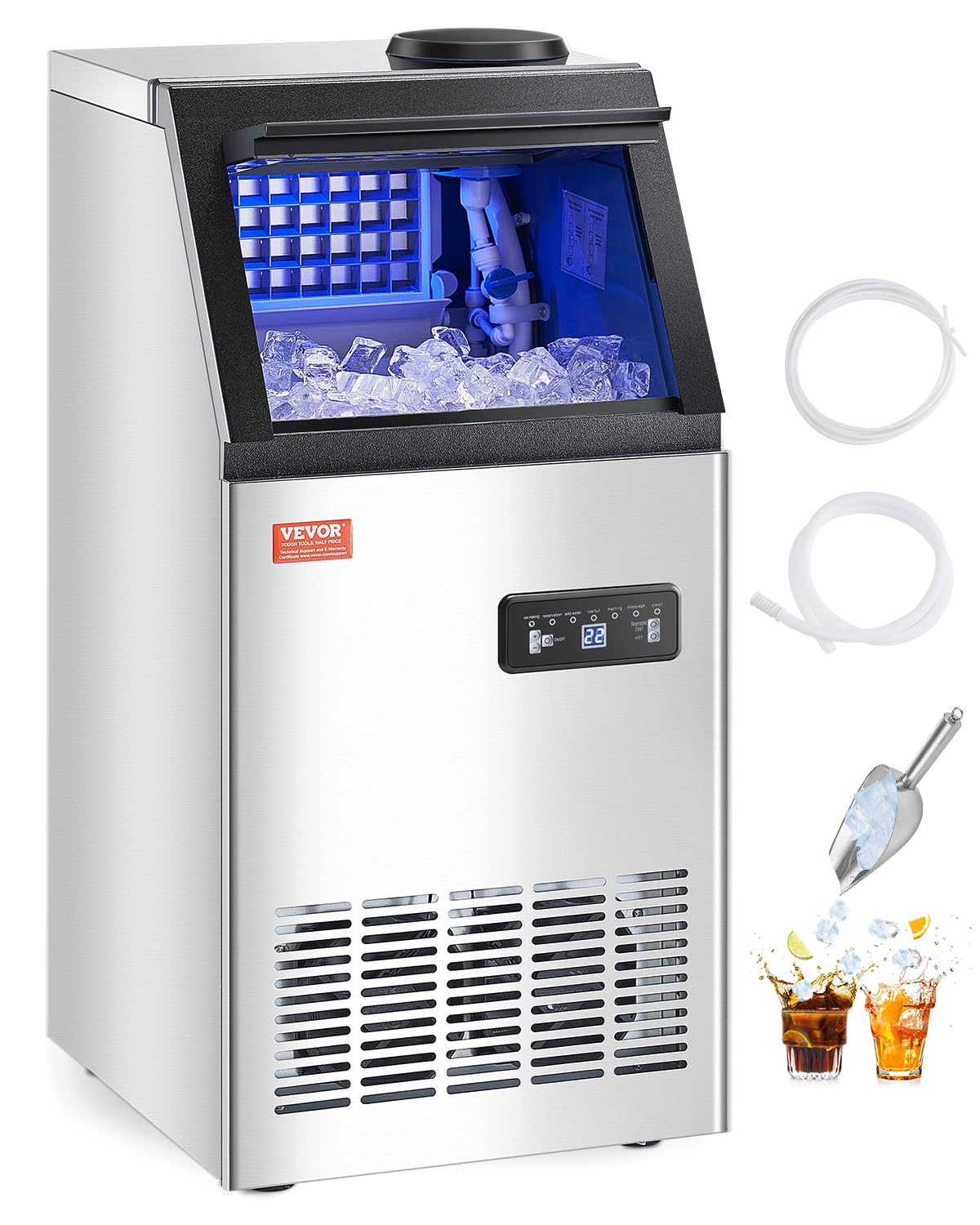 Vevor 120Lbs/24H Commercial Ice Maker Machine With 2 Water Inlets, 36 Ice Cubes In 15 Minutes, With 28Lbs Large Storage Capacity