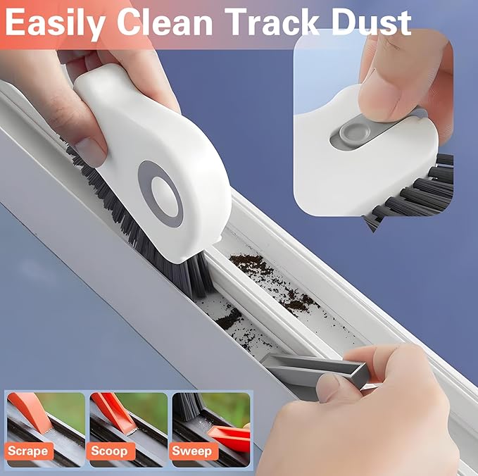2 in 1 Groove Cleaning Brush, Window Track Cleaner, Magic Window Track Cleaner with Hard Bristle and Hidden Scraper,Crevice Brush for Sliding Door Track, Window Seal, Sill