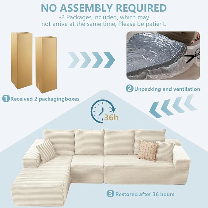 135.4" Cloud Sectional Couch with L-Shape Chaise, Modern Corduroy Boneless Couch for Living Room,Memory Foam Sofa with Deep Seat,No Assembly Required (White,Left-Facing Chaise)