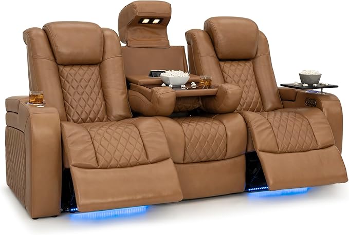 Seatcraft Anthem Italian Leather Sofa w/Fold-Down Table, Living Room, Power Headrest, Power Recline, Tan Oak