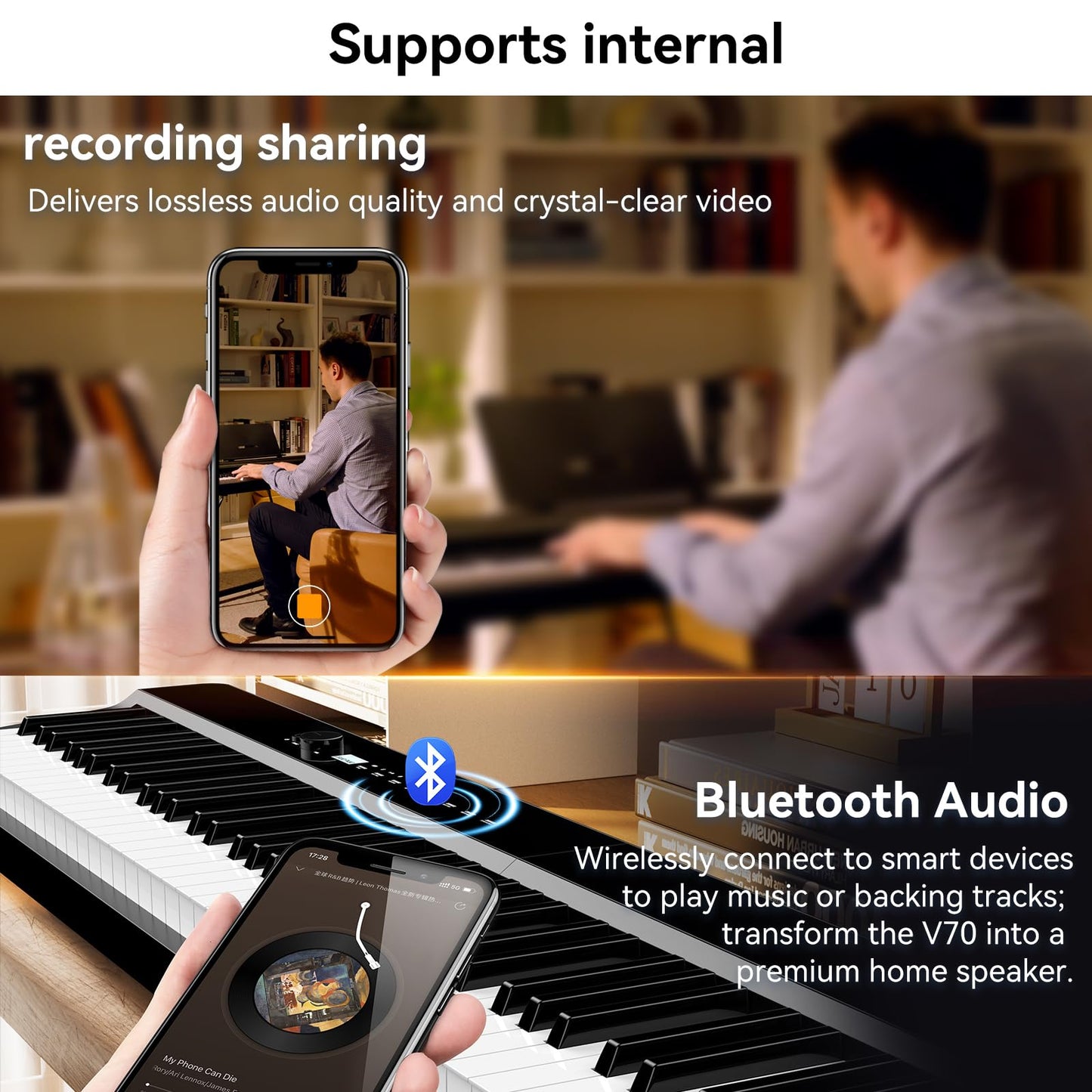V70 Piano Keyboard 88 Keys Weight Keyboard: TERENCE Keyboard Piano Foldable 88-Key Weight Keyboard Full Size Digital Piano with Headphones 4 Speakers Bluetooth Built-in Battery (Black)