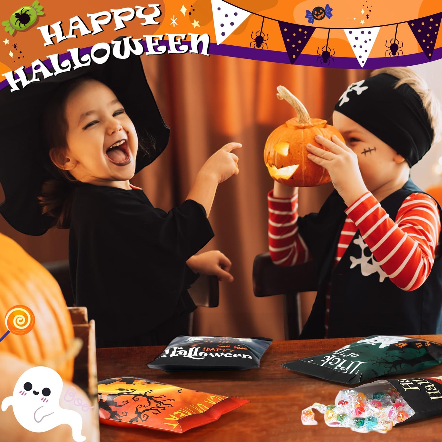 Nezyo 120 Pcs Halloween Treat Bags Halloween Paper Gift Bags Ghost Pumpkin Spider Candy Goody Pouches for Scary Holiday Party Chocolate Cookies Goodies Wrapping Supplies Decoration