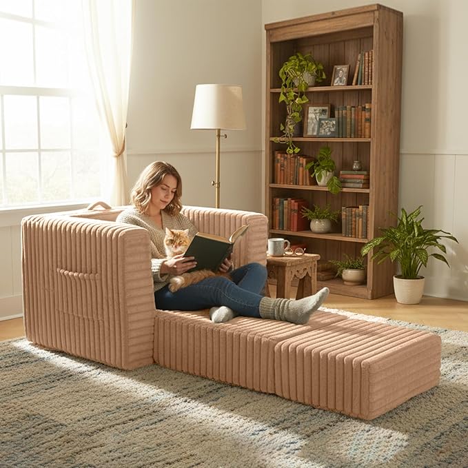 Welnow Folding Sofa Bed with Ottoman, Convertible 2-in-1 Boneless Couch Futon Lounge Chair Bed for Adults, Comfy Fold Out Sleeper Sofa for Small Spaces, Living Room, Bedroom, or Dorm, Khaki