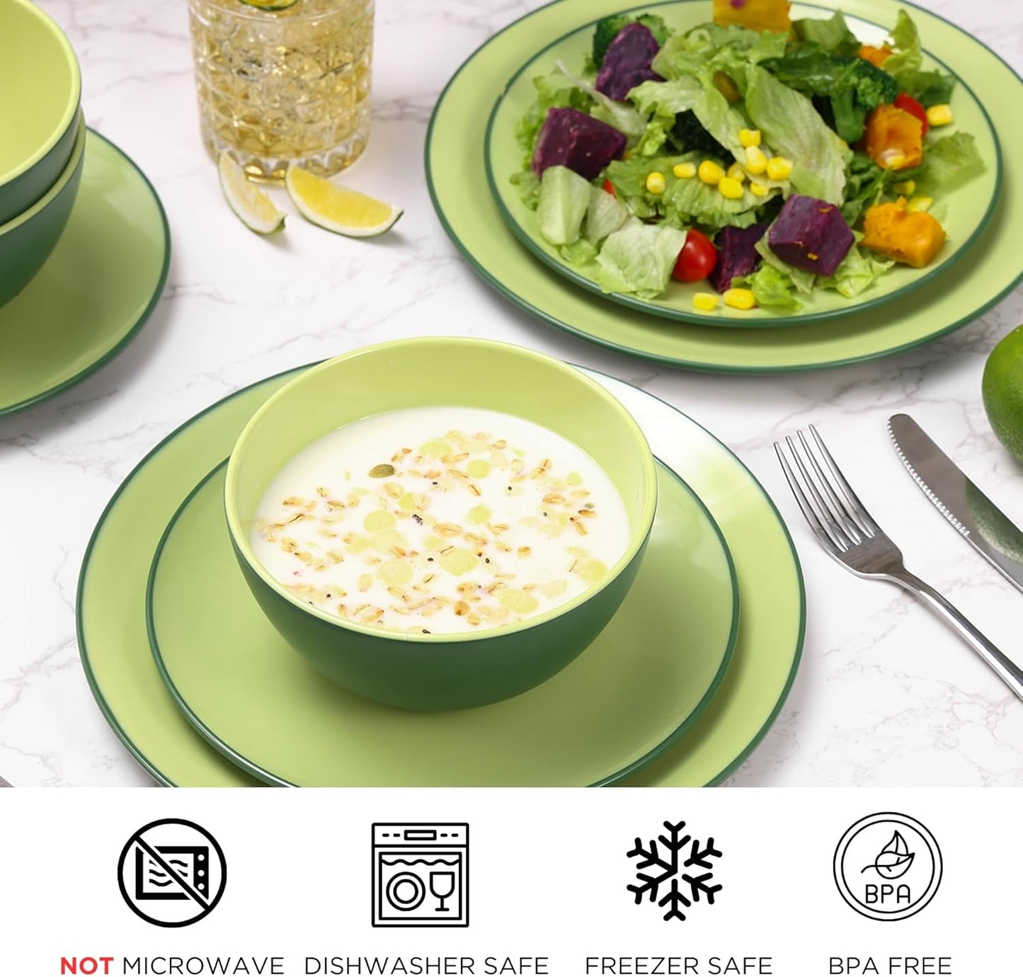 TP 12-Piece Dinnerware Set, Melamine Dishes Set with Bowls and Plates, Non-breakable and Lightweight Dinner Service for 4, Avocado Green