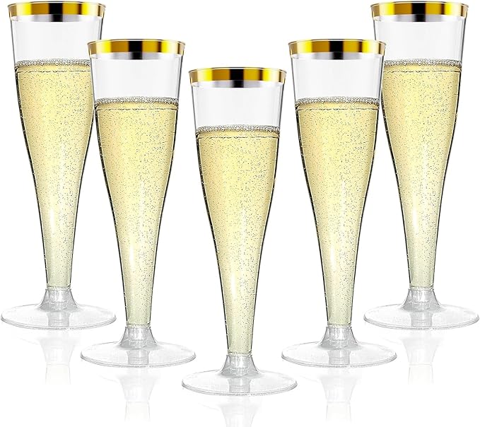 20 Pack Champagne Flutes Plastic Wine Glasses Disposable, 4.5 Oz Gold Rim Mimosa Glasses for 2026 Engagement Wedding Birth...