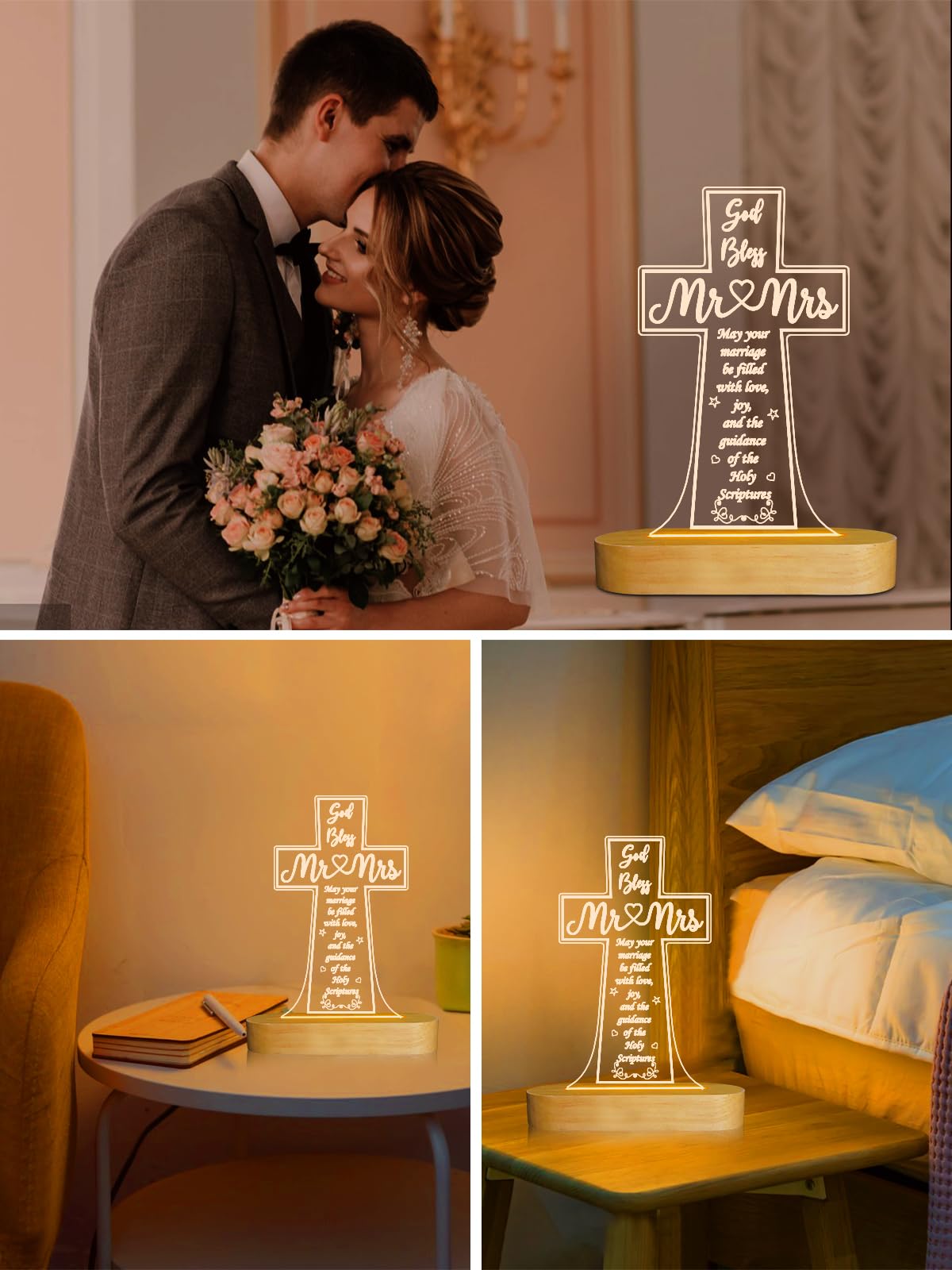 Ammonite Wedding Gifts, Cross Wooden Night Light, Decoration Lamp Husband and Wife Wedding Engagement Anniversary Valentine's Day Gifts for Couple Bride Groom, Newlywed Gifts His Hers